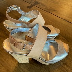 Metallic and tan Alfani sandals Size 9, lightly used, chunky heel, comfortable!